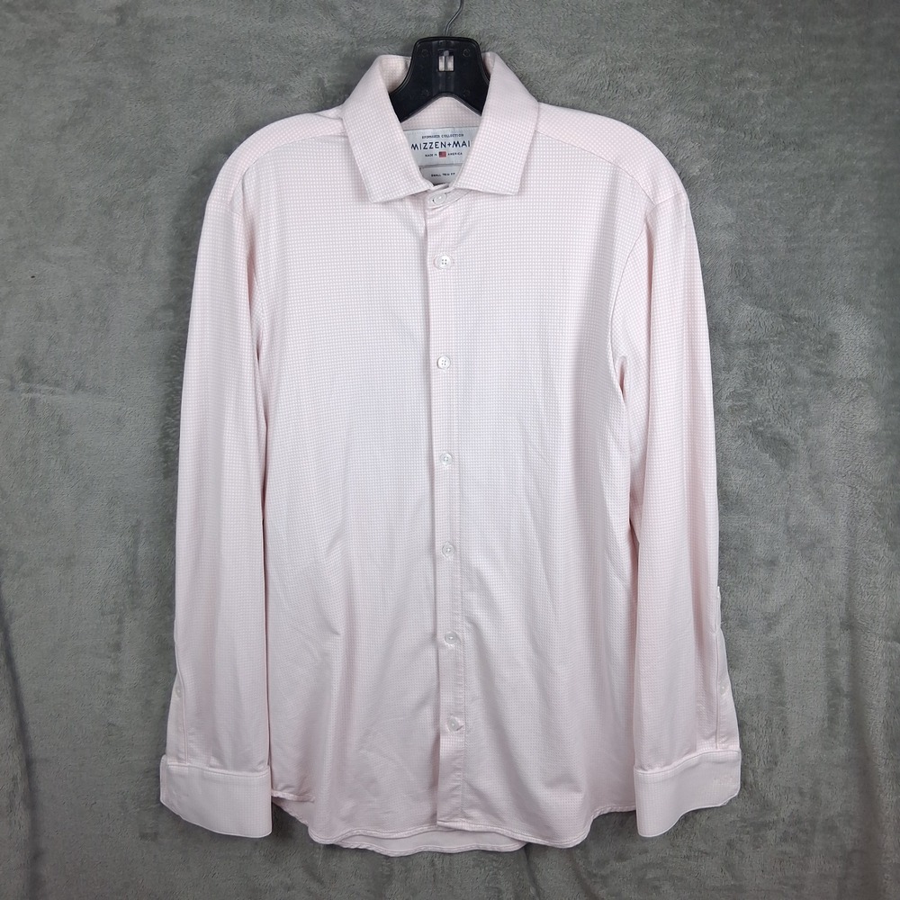 Mizzen+Main Spinnaker Stretch Shirt Mens S Pink Micro Check Trim Fit USA Made